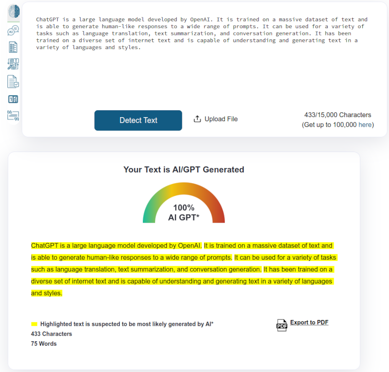 ZeroGPT Example of Detection of AI Generated Text